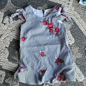 Adorable off the shoulder pine striped dress with rose flower decal 2T